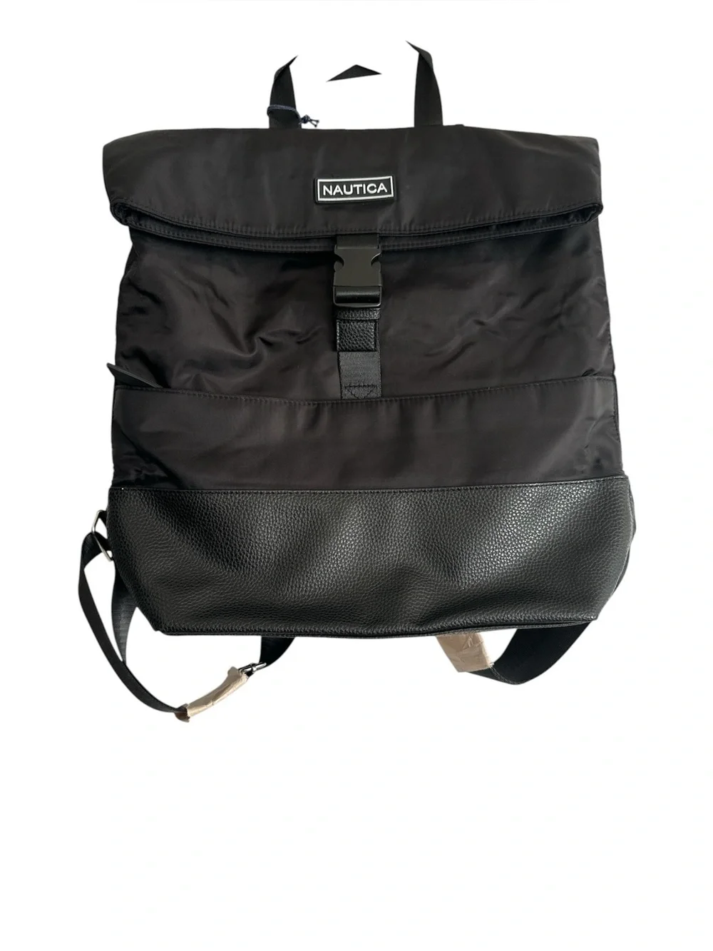 Nautica Black Nylon & Faux Leather Fold Over Buckle Backpack